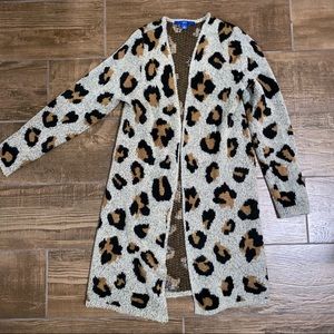Gray Leopard Print Long Knit Coatigan Cardigan Duster Sweater